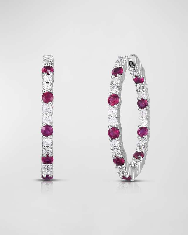 18K White Gold Ruby and Diamond Hoop Earrings, 35mm